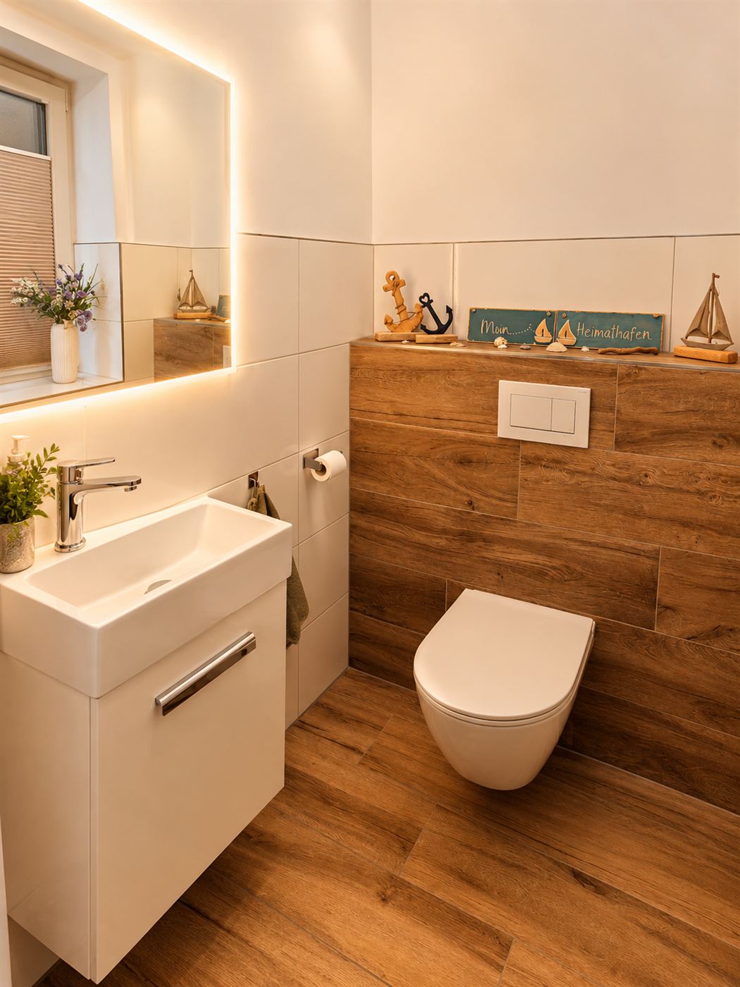 Gäste-WC mit Wand in Holzoptik, wandhängendem WC, schmalem Waschtisch und beleuchtetem Spiegel